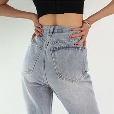 Straight Jeans for Women Irregular Clothes Plus Size Mom Button Denim – lastrafashion Gray High-waist Baggy Jeans, Gray Non-stretch Jeans For Summer, Non-stretch Gray Jeans For Summer, Trendy Solid Jeans With Button Closure, Gray Bottoms With Button Closure For Spring, Irregular Clothes, Plus Size Mom, Clothes Plus Size, Vintage Swimwear