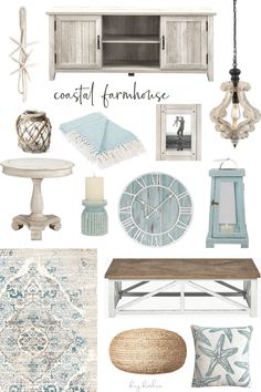 a collage of blue and white furniture with the words coastal farmhouse