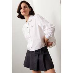 White cotton (100% Cotton). Top. Long sleeves. Collar. Front button closure. 20" from shoulder to hemline. Imported. Rent The Runway, Closet Designs, Weekend Outfit, Collared Shirt, Cotton Top, Collar Shirts, High Waist Jeans, White Cotton, Long Sleeves