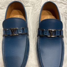 New Mens Louis Vuitton Blue Loafers Size 8.5 Us Luxury Blue Loafers For Business, Luxury Blue Business Loafers, Blue Luxury Slip-on Dress Shoes, Luxury Blue Slip-on Dress Shoes, Designer Blue Loafers For Business, Luxury Blue Loafers With Round Toe, Luxury Blue Slip-on Loafers, Designer Blue Loafers With Leather Sole, Designer Blue Loafers With Round Toe