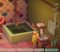 an animal crossing game with a person in the bathtub and other items on the floor