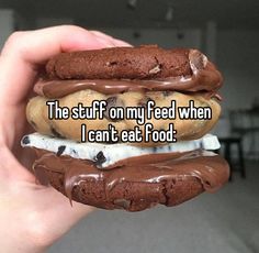 someone is holding up a chocolate sandwich with ice cream on it and the text, the stuff off my feed when i can't eat food