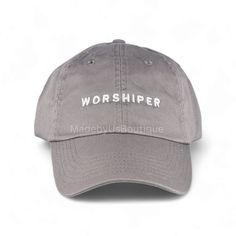 Worshiper Cap Embroidered on a baseball-style strap dad hat.  FEATURES * US FREE SHIPPING! * High Quality * 6-panel Hat * Choose from Different colors * Closure: Self-fabric adjustable strap slide closure with buckle. * We take personalization requests * We also carry authentic hats: New Era, Champion, Nike, Flexfit, Adidas, and more! Feel free to contact us with any questions! NOTE * Each item is custom made to order and will need a 1-2 business day design and production time prior to shipping. Adjustable Trucker Hat With Embroidered Logo And Visor, Visor Hat With Letter Print, One Size, One Size Visor Hat With Letter Print, One Size Fits Most Hats With Letter Print Visor, One Size Fits Most Visor Hat With Letter Print, Adjustable Letter Print Cap, Adjustable Gray Trucker Hat With Letter Print, Adjustable Visor Fitted Hat With Embroidered Logo, Adjustable Gray Hat With Letter Print