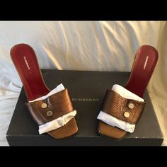 Bronze Mule Heels Brown Almond Toe Mules For Party, Elegant Brown Mules With Contrasting Heel Counter, Burberry Shoes, Mule Clogs, Mules Shoes, Heeled Mules, Clogs, Burberry, Women Shoes