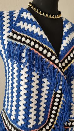 Bohemian Multicolor Outerwear With Tassels, Blue Spring Outerwear With Tassels, Blue Outerwear With Tassels For Spring, Spring Blue Outerwear With Tassels, Blue Tasseled Outerwear For Fall, Blue Long Sleeve Outerwear With Tassels, Handmade Bohemian Blue Outerwear, Crochet Jacket Women, Crochet Outfit