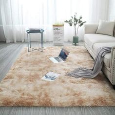 a living room with a couch, chair and rug on the floor in front of a window