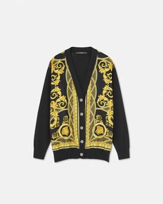 La Coupe des Dieux Oversized Cardigan Black | VERSACE US Versace Bathrobe, Man Icon, Airport Fashion, Cardigan Black, Oversized Cardigan, Matches Fashion, Cardigan Fashion, Iconic Women, Silk Twill