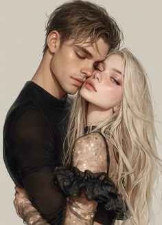 a man and woman hugging each other in front of a white background with long blonde hair