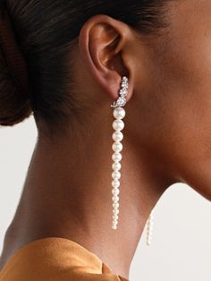 Mizuki's earrings are equally elegant and timeless. Suspended from diamond-encrusted 18-karat white gold posts, they're set with Akoya pearls that graduate in size and curve elegantly down to a jaw-grazing length. Pearl And Diamond Earrings, Fine Watches, Akoya Pearls, Shoe Print, Watch Gifts, Gold Pearl, Net A Porter, Luxury Jewelry, Jewellery And Watches