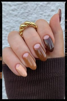 Dark Academia Nails - Almond Nails Fall Gradient, Fall Pedicures, Brown Acrylic Nails, Brown Nail, Brown Nails Design, Half Moons, Fall Gel Nails, Cute Nails For Fall, Neutral Nails