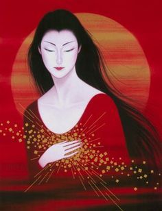 a painting of a woman with long black hair and red dress holding her hands together