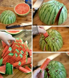 watermelon being cut into pieces on a cutting board