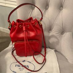 Brand New Red Leather Bucket Bag With Dust Cloth And Authenticity Tags. Prada Red, Bags Prada, Prada Bags, Leather Bucket Bag, Leather Bucket, Prada Bag, Red Leather, Bucket Bag, New Color