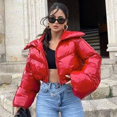 Autumn and Winter New Glossy PU Leather High Collar Super Long Sleeve Warm Thick Tops Coat black-S Orange Puffer Jacket, Autumn Street, Pink Puffer Jacket, Short Puffer Jacket, Leather Puffer Jacket, Bubble Coat, Parka Women, Cropped Puffer Jacket, Estilo Chic