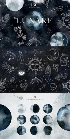 the moon and stars are depicted in this graphic art work, which depicts different phases