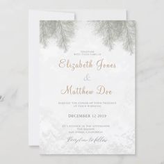 the winter wedding card is shown with snowflakes and evergreen branches