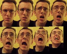 multiple images of a man with glasses making faces