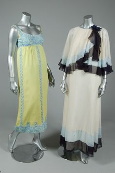 Jean Varon evening gowns, late 1960s-early 1970s,  ivory chiffon gown with capelet-like bodice edged in grey and black bands; empire line dress, lemon with soutache ribbon adornments Empire Line Dress, Late 1960s, Chiffon Gown, Line Dress, Western Fashion, Evening Gowns, Bodice