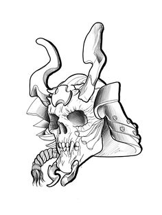 a black and white drawing of a skull with horns on it's back side