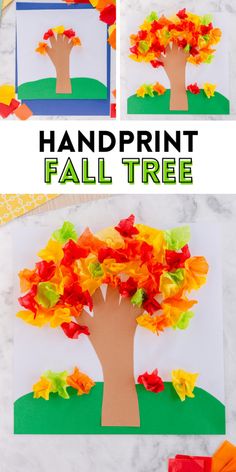 an easy fall tree craft for kids to make with tissue paper and construction paper, it is