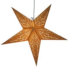 a star shaped light hanging from the ceiling with dots on it's sides and an attached cord