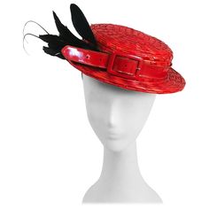 1950s Red Hat with Patent Leather Hatband & Feathers. Red woven hat featuring red patent leather belt as hatband and black feathers cocked towards one side. Held to back of head with elastic. Evening Hat, British Hats, Historical Hats, Hats Collection, Woven Hat, Vintage Style Hat, Beaded Hat, Elegant Scarves, Velvet Hat