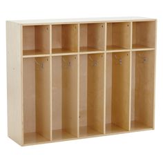 a wooden cubby with six compartments and hooks