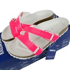 Birkenstock Yao Birko Flor Patent Leather Sandals Brand New With Box (Box Might Have Slight Damage) Color Neon Pink Narrow Fit Please Contact Us With Any Questions Prior To Purchase. Thank You! Thank You For Shopping At Cozy Bargains!! Casual Pink Footbed Sandals With Cork-bed Midsoles, Pink Leather Footbed Sandals With Textured Footbed, Pink Leather Footbed Sandals For Spring, Casual Pink Slides With Leather Footbed, Pink Flat Footbed Sandals With Removable Insole, Pink Cushioned Slip-on Footbed Sandals, Pink Cushioned Footbed Slip-on Sandals, Pink Leather Flat Footbed Sandals, Pink Round Toe Synthetic Footbed Sandals