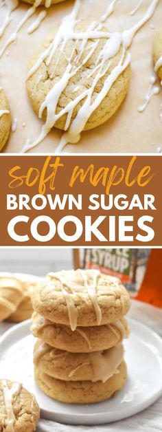 soft maple brown sugar cookies with white icing on top and in the background, there are