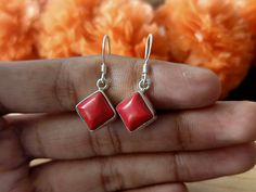 Red Coral Gemstone sterling silver earring... Looks very pretty when you wear it.. About product - Gemstone :- Red Coral Stone Color : red Stone Shape : Rhombus Metal : 925 Sterling Silver, Red Coral stone :) Handmade Red Earrings For Her, Handmade Red Earrings As Gift For Her, Handmade Red Earrings Gift For Her, Red Dangle Earrings Stamped 925, Red Coral Stone, Red Coral Earrings, Green Stone Rings, Coral Gemstone, Tiny Rings