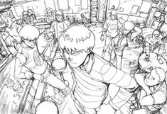 a black and white drawing of people in a crowded room with one person holding a baseball bat