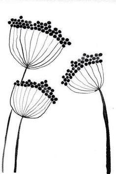 three black and white flowers with small leaves on the stems, one is drawn in ink