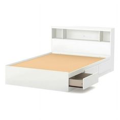 a white bed frame with two drawers and an open drawer underneath the bed headboard