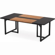 a wooden table with black metal legs and a wood top on an isolated white background