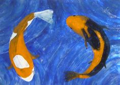 two orange and white koi fish swimming in blue water with ripples around them