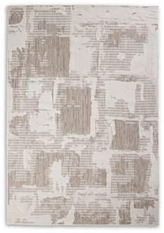 an area rug with squares and rectangles in neutral colors on a white background