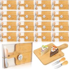 the wooden cutting board has several pieces of cake on it and is next to each other