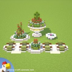 an image of a garden in the middle of a field with flowers and benches around it