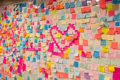 a wall covered in lots of post it notes with words written all over the walls