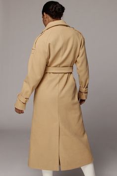 EXCLUSIVELY DESIGNED BY US FOR YOU. So Sophisticated and stylish. This coat features everything your fall coat calls for! Detailed with an upright shoulder flap, shoulder tabs, double breasted button closure, statement D link arm cuffs, gold-tone detailing, and front side pockets. Made of a thick wool - like composure with lining. Belt is included. Minimal Stretch. 100% Polyester Underarm to hem: 36" in. Imported Slightly oversized fit. Model is wearing size S. Arm Cuffs, Thick Wool, Arm Cuff, Fall Coat, Ankle Bones, Double Breasted, Camel, Trench Coat, Models