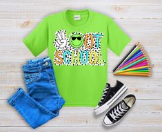 Fun Green T-shirt For School, Casual Green T-shirt For School, Last Day Of School Shirt, Last Day Of School, 1 Image, Neon Colors, School Shirts, School Design, Digital Products