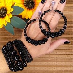 Black dangle beads earring and bracelet Handmade Black Beaded Bracelet For Parties, Handmade Black Beaded Bracelets For Parties, Handmade Black Beaded Round Bracelets, Summer Gift Ideas, Summer Gift, Beaded Dangles, Jewelry Ideas, Beaded Earrings, Hand Crafted