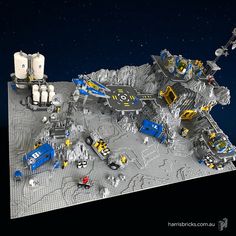 a lego star wars scene is shown in the night sky with space shuttles and vehicles