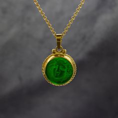 Greek Medusa Intaglio Venetian Glass Necklace | 925 Sterling Silver | Ancient Greek Medusa Intaglio Pendant | Green Glass Ring by Pellada Ancient Art pendant made 24k gold plated 925 sterling silver. Our shop offer free color options.(Oxidized(Black),Gold Plated and Silver) Handcrafted Necklace Pendant Length is 3.4 x 2 cm Metal : 925 Sterling Silver Plated : 24K Gold Gem Stone : İntaglio Glass Glass Color : Green Pendant Material : 925 Sterling Silver Chain Material : 925 Sterling Silver (24K G Venetian Glass Jewelry, Elegant Green Jewelry With Coin Pendant, Classic Intaglio Medallion Jewelry, Classic Medallion Intaglio Jewelry, Green Byzantine Style Round Jewelry, Ancient Greek Medusa, Greek Medusa, Medusa Pendant, Etsy Jewelry Handmade