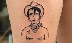 a man with a cowboy hat on his head is depicted in this tattoo style photo