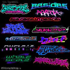 some type of graffiti font with different colors and styles on it, including black background