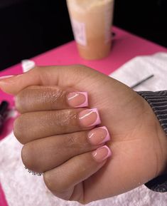 Short Pink On Pink French Tip Nails, French Tip Nails Ideas Short, Spring Nail Ideas Short Square, Valentine’s Day Nails Short French Tip, Light Pink French Tips Short, Xs Short Acrylic Nails, Cute Short Nail Sets French Tip, Vacation Nails Short Square, Pink French Tip With Design