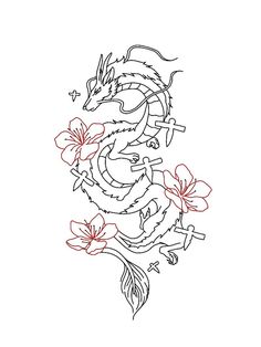 a drawing of a dragon with flowers on it's back and the tail curled up