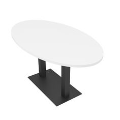 an oval white table with black legs on a white background, viewed from the front