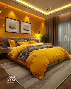 a bedroom with yellow bedding and two pictures on the wall